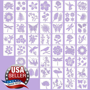 50pc Flower Stencils •Paint on Wood Rocks Canvas Fabric Glass Pottery •4in x 4in